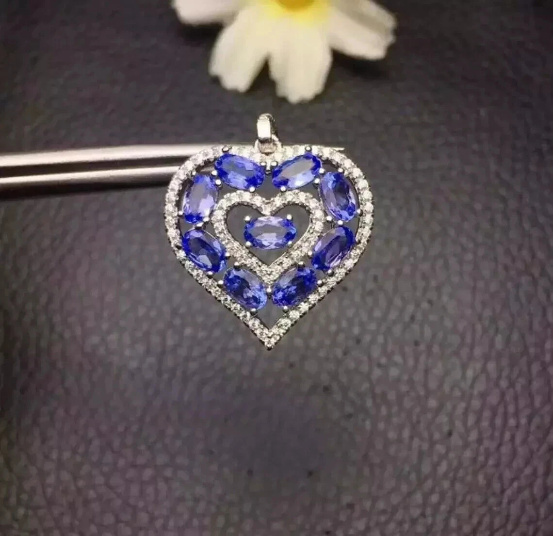 2 Carat Oval Cut Blue Tanzanite Diamond Heart Pendant 14K White Gold Finish