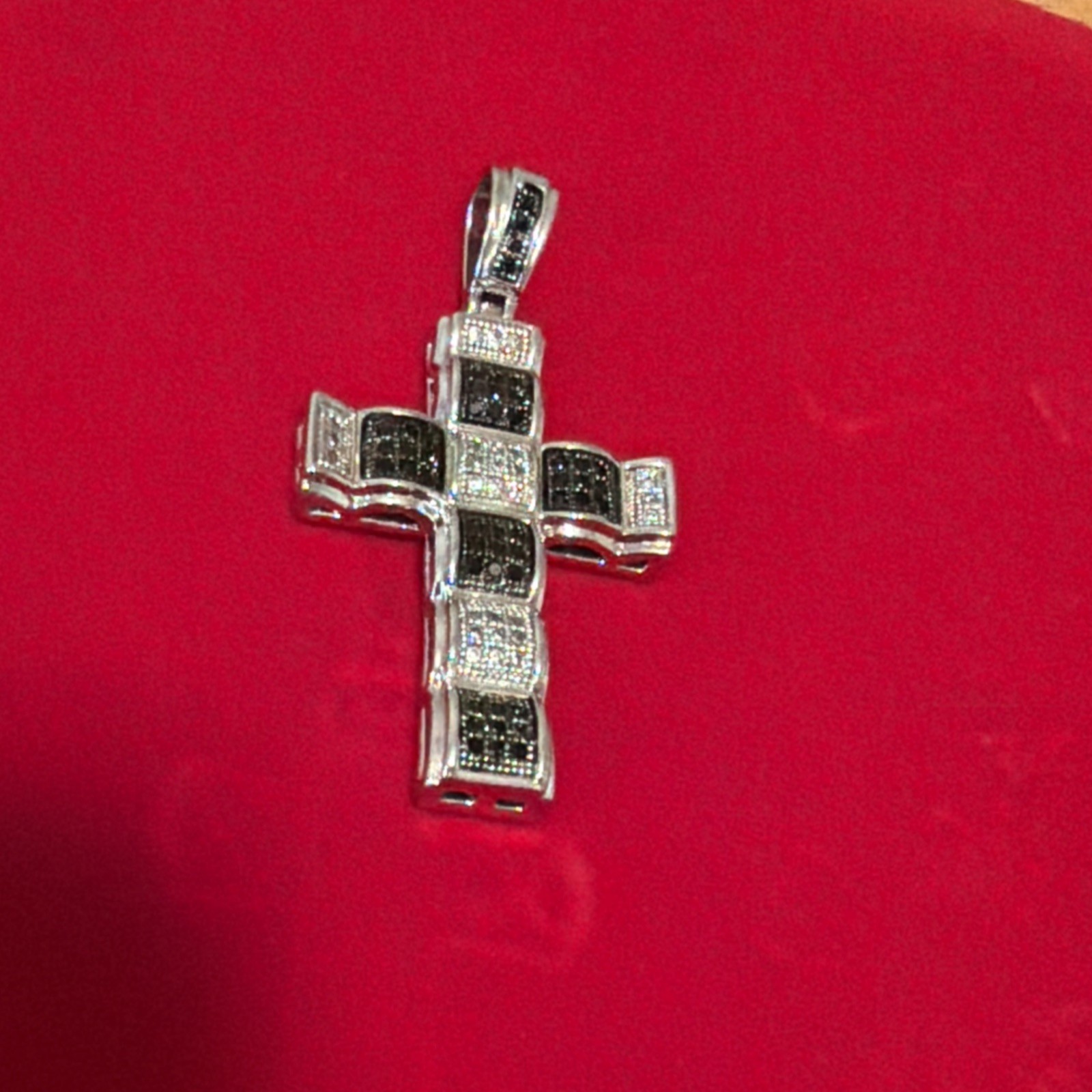 Pure Sterling Silver Cross Pendent with Black and White Cubic Zirconia Stones