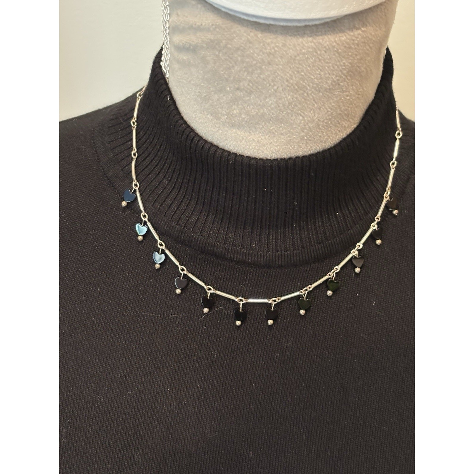 Sterling Silver 17” Bar Link Necklace With Black Heart Dangles 925