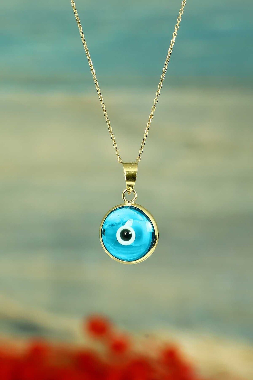 Real 14K Gold Evil Eye Charm,Good Luck Gift for Her, Authentic 14Kt Gold Pendant