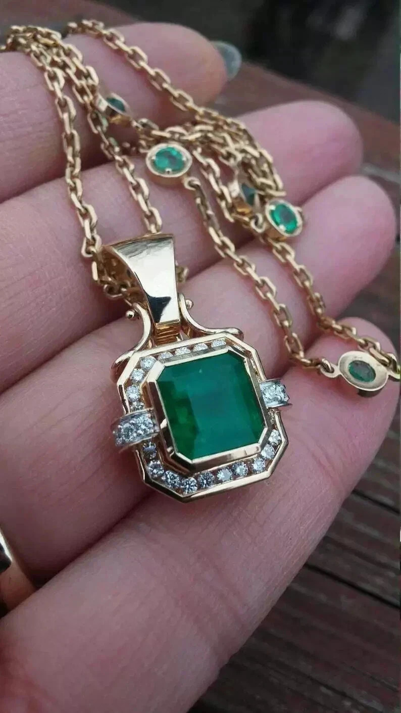 2.70Ct Asscher Cut Emerald Diamond Halo Pendant 14K Yellow Gold Finish