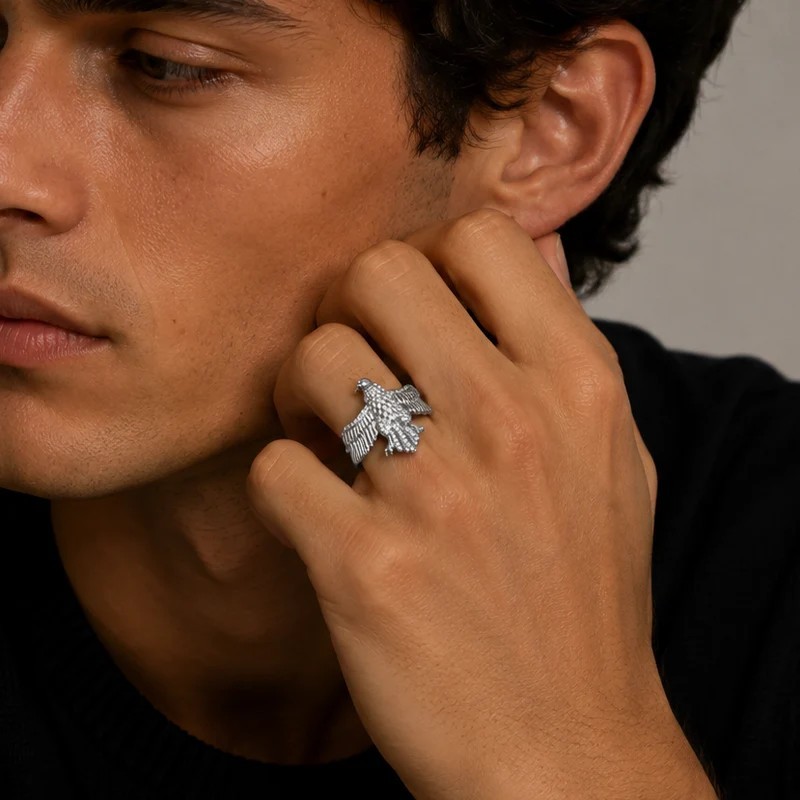 925 Sterling Silver Rhodium Plated Moissanite Men’s Eagle Statement Ring