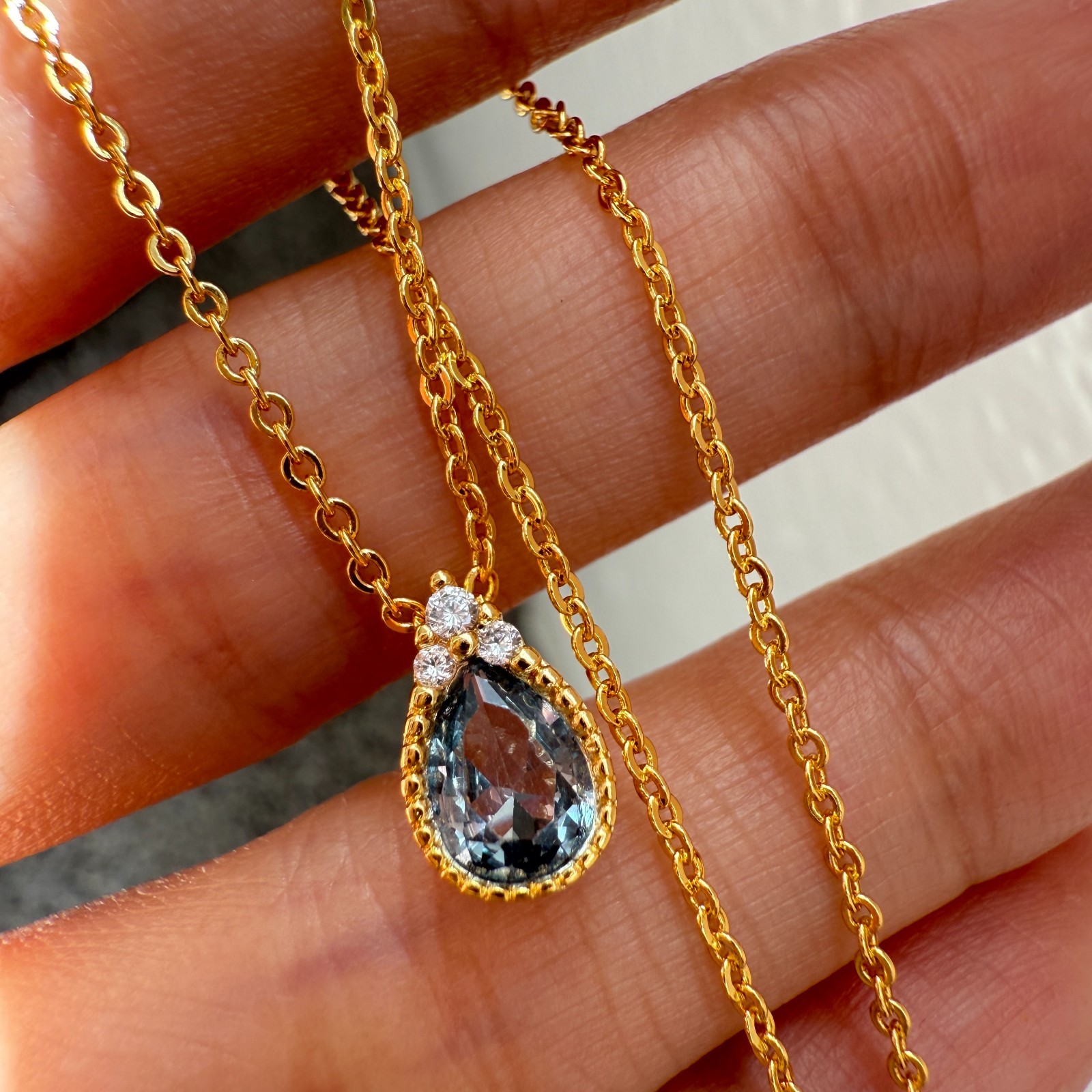 925 Sterling Silver Necklace 8x6mm Natural Aquamarine Zircon 14K Gold Plated NEW