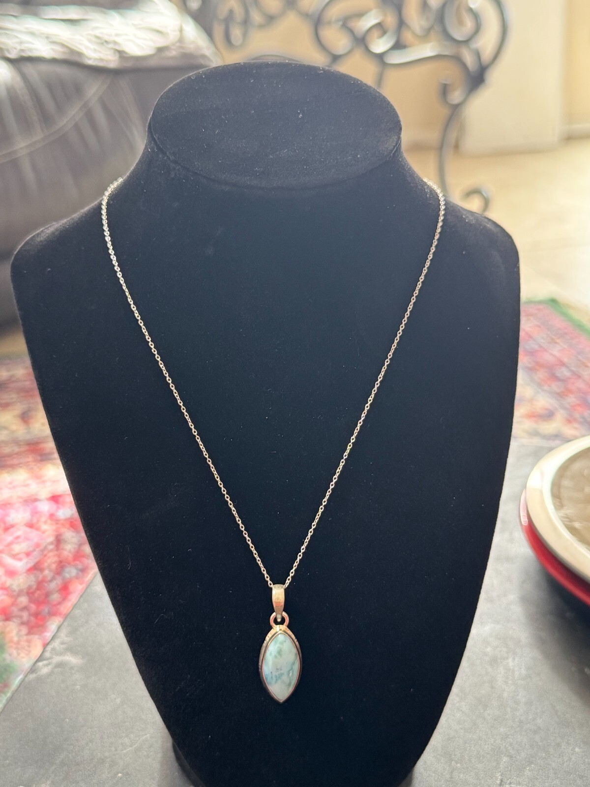 Vintage AV Sterling, silver oblong, unknown, solitary stone (Might be Larimar?)