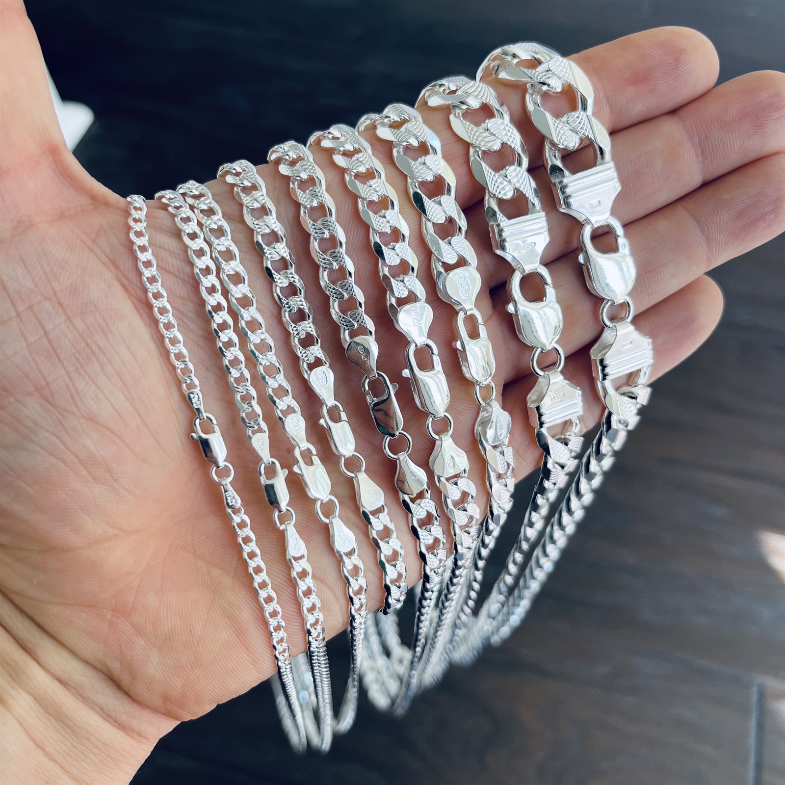 Real 925 Sterling Silver Mens Diamond Cut Curb Cuban Chain Bracelet or Necklace