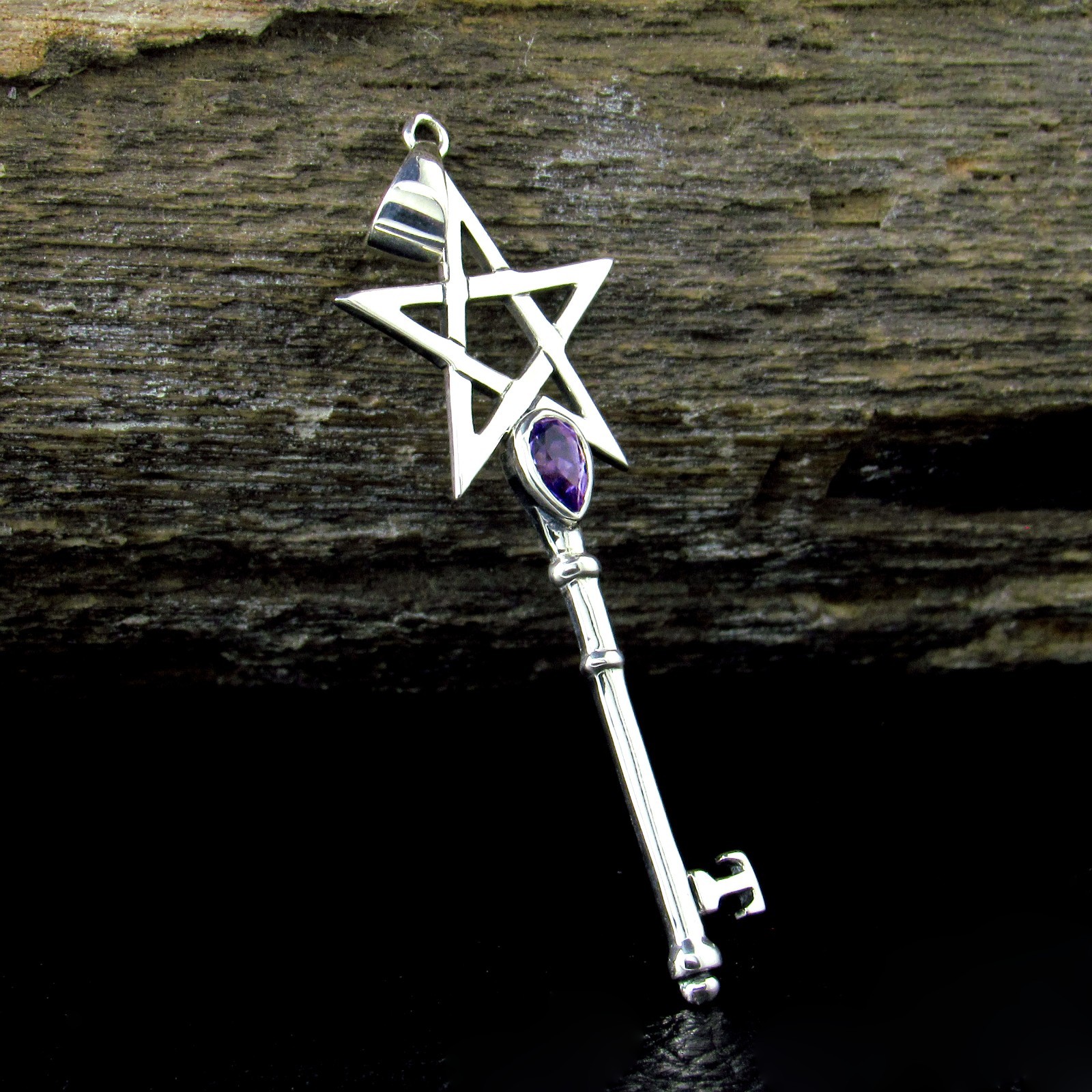 Solid 925 Sterling Silver Pentagram Key Pendant Wiccan Pagan Witchcraft Jewelry