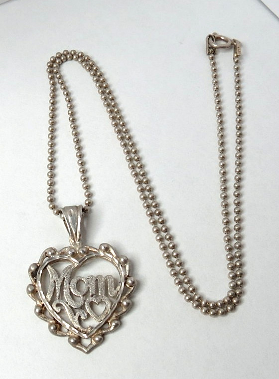 VINTAGE HEART LOVE MOM 925 STERLING SILVER PENDANT NECKLACE CHAIN 16″ LONG