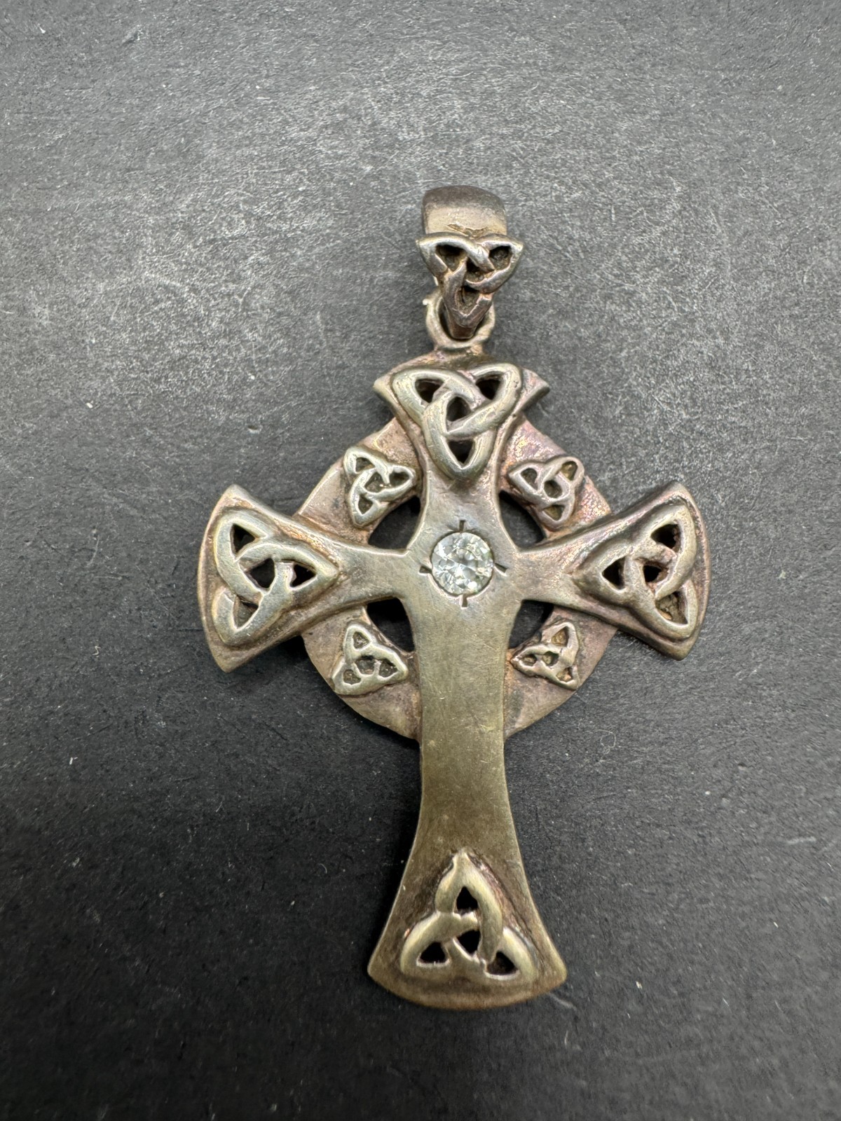 Vintage Celtic Knot Cross Pendant 925 Sterling Silver CZ Stone 29.4mm
