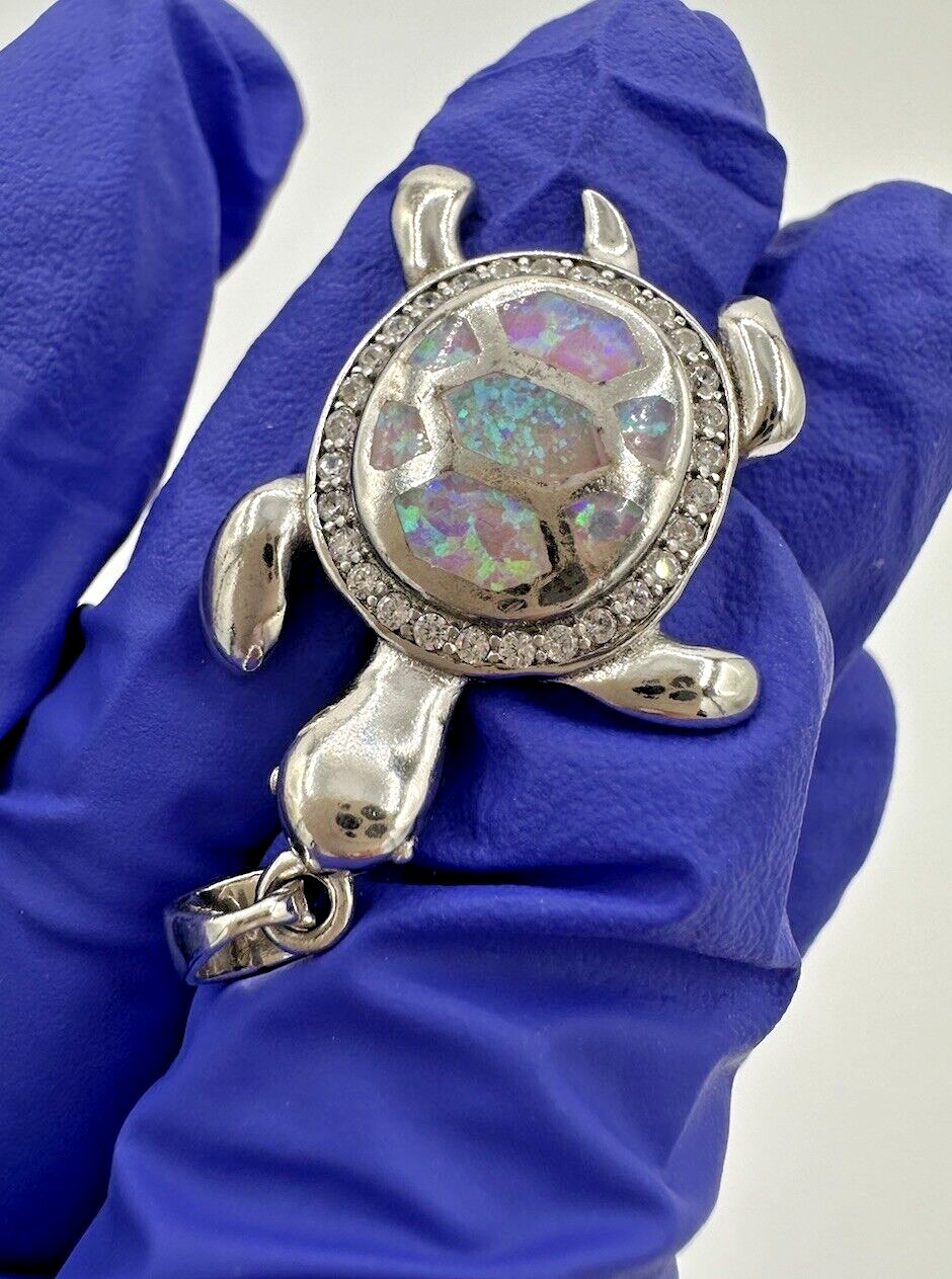 NEW Sterling Silver 925 Female Multicolor Opal Cute Sea Turtle Pendant 1.4”