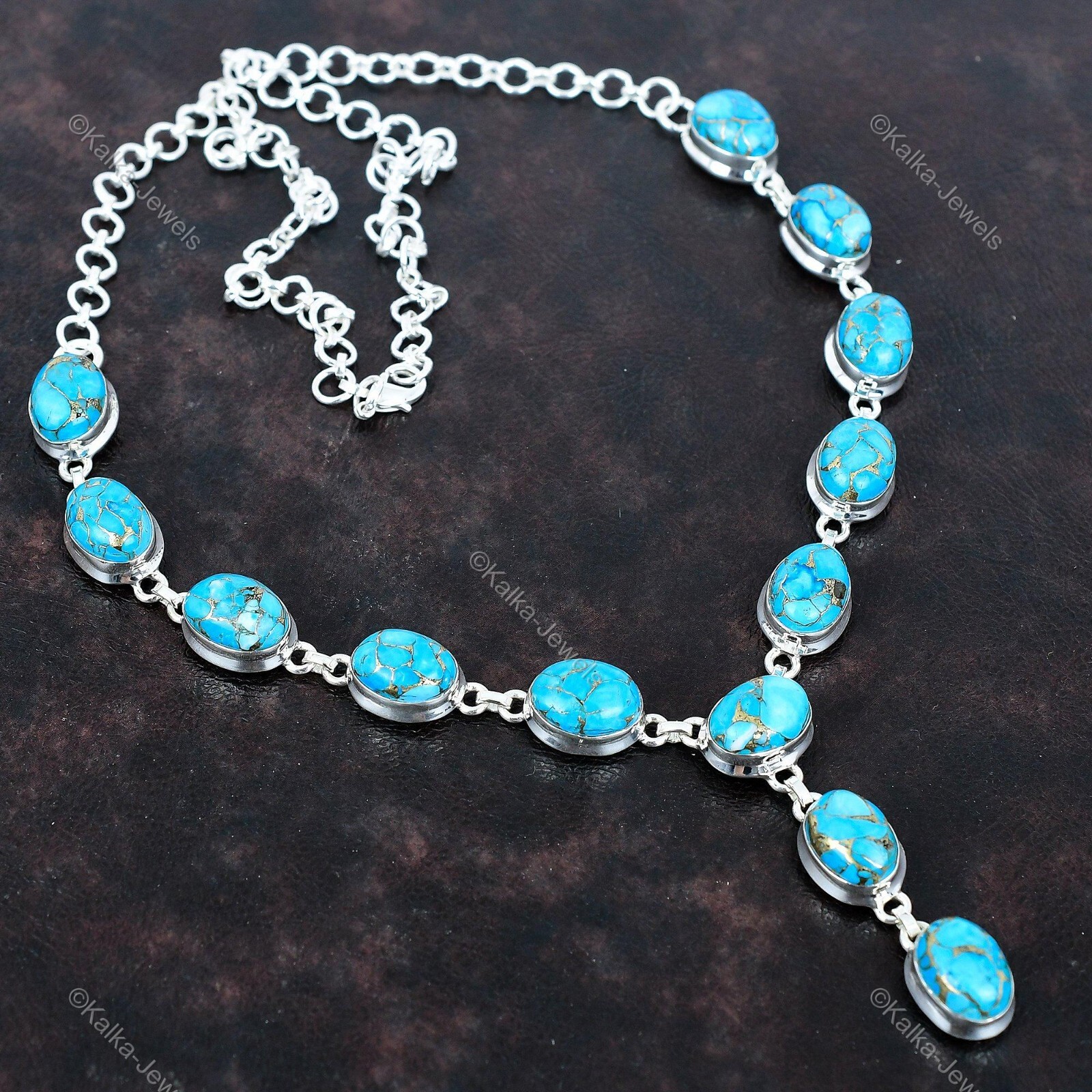 925 Silver Natural Copper Blue Turquoise Chain Birthday Wedding Necklace Jewelry