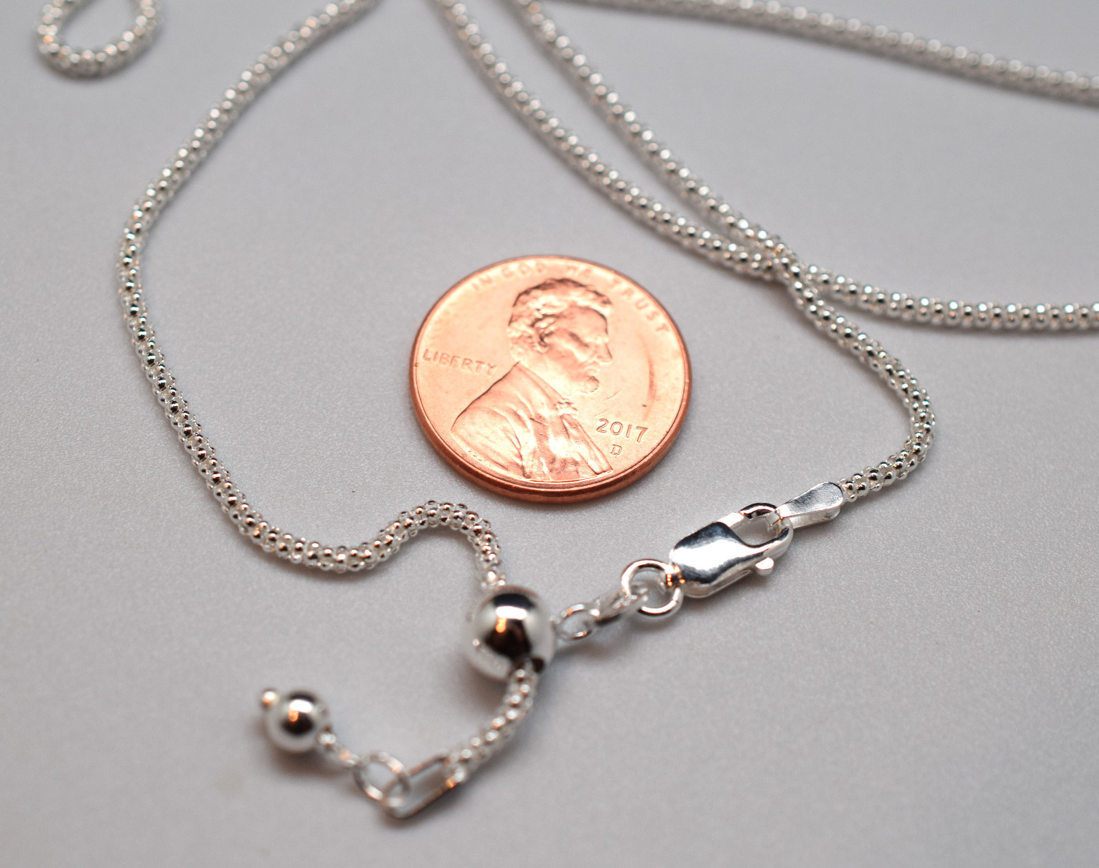 1.8 mm Adjustable Popcorn Chain Necklace Solid 925 Sterling Silver Ball Slide