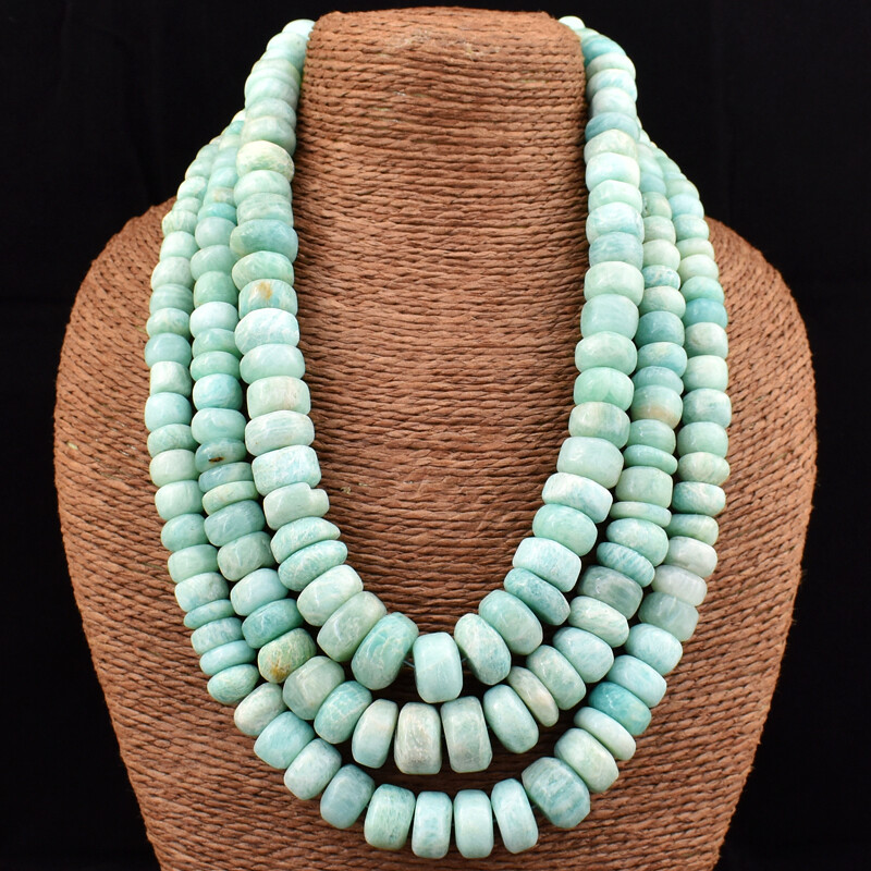 1625.00 Cts Natural 3 Strand Amazonite Round Shape Beads Necklace NK 19E173
