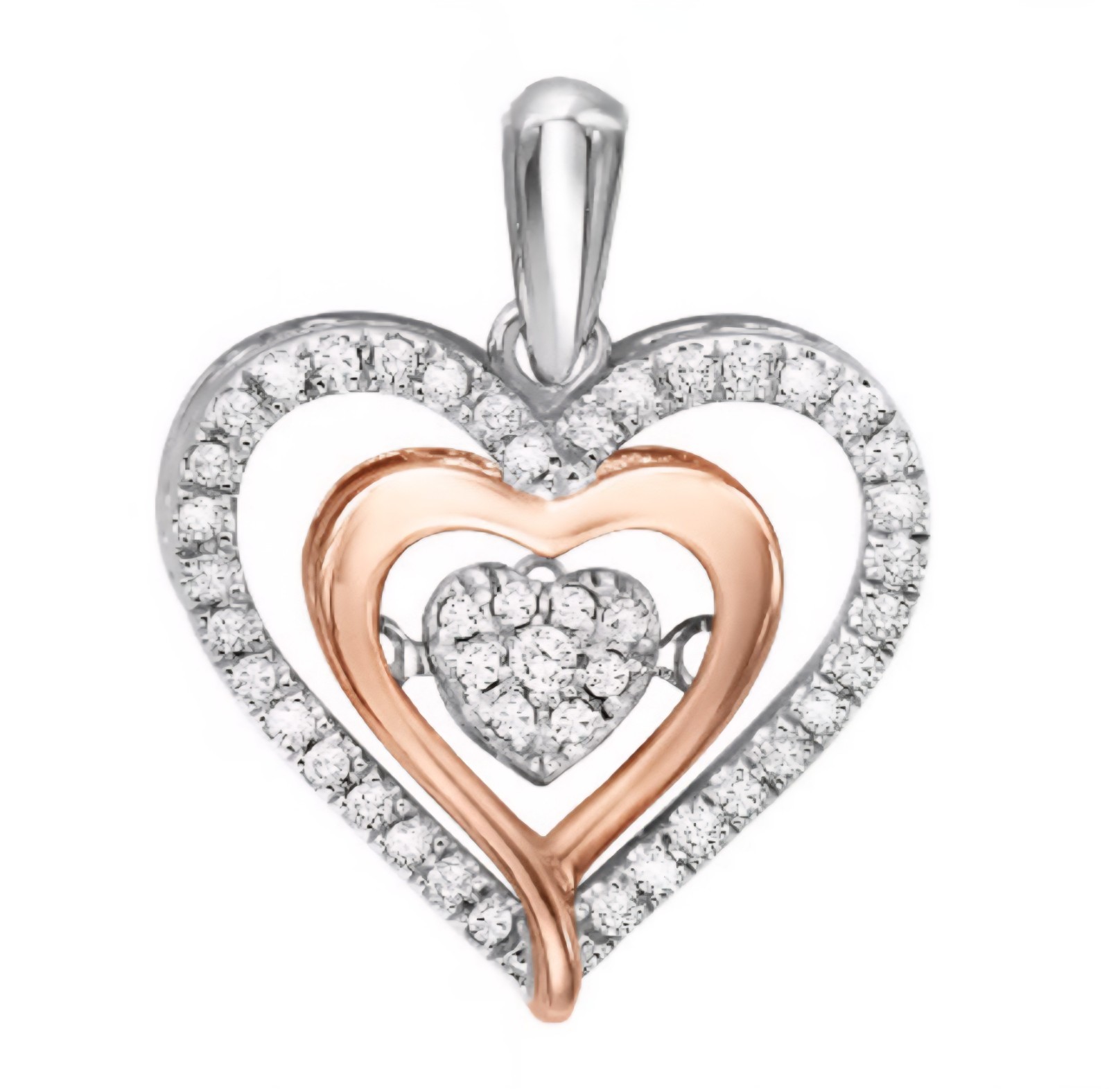 10k Rose Gold & 925 Sterling Silver DIAMOND Double Open Heart Diamond Pendant