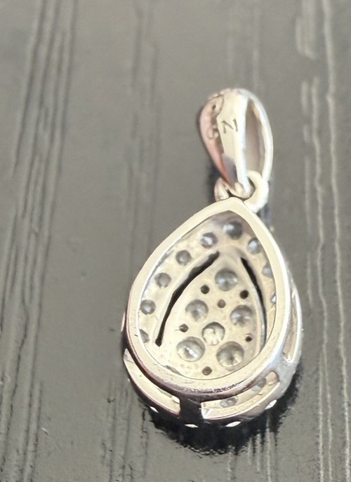 14k solid white gold, 23 Tiny genuine diamond cluster Tear Drop pendant Charm.