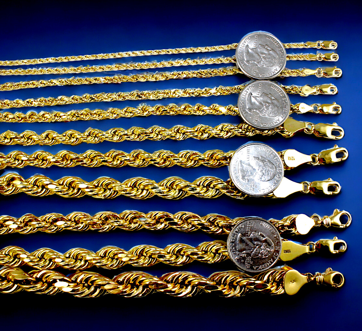 10K Yellow Gold 2mm-10mm Rope Chain Necklace Diamond Cut All Sizes Real