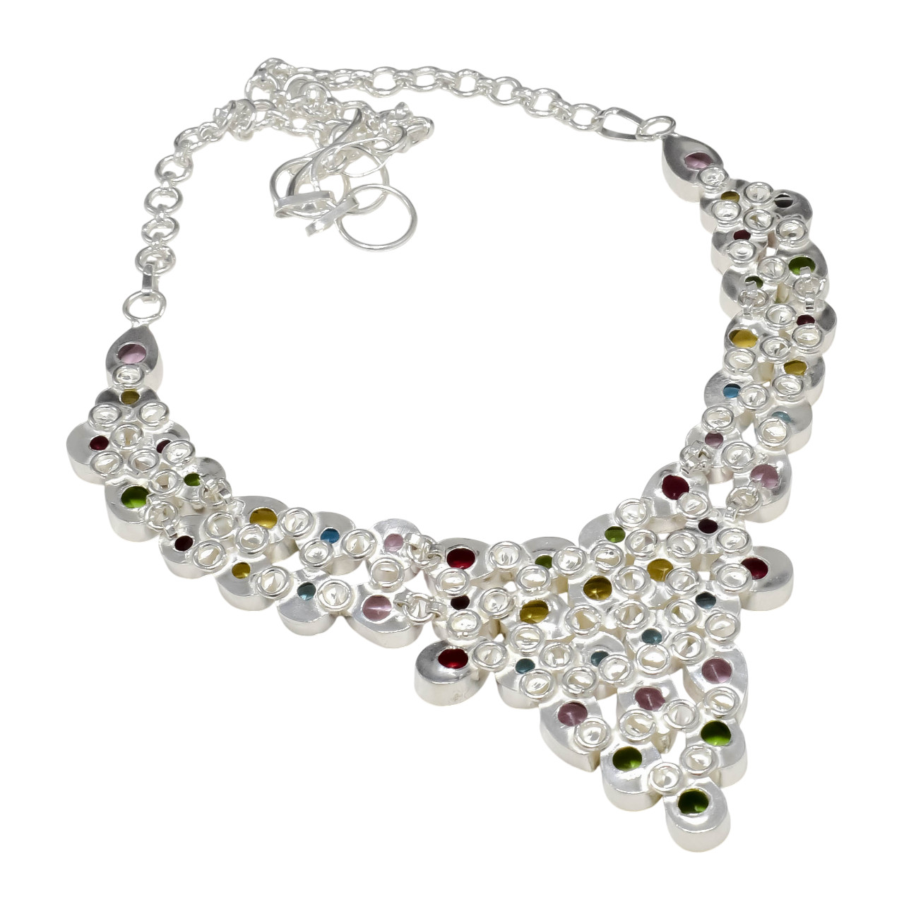 Multi Color Gemstone Handmade 925 Sterling Silver Jewelry Necklace Size-18″