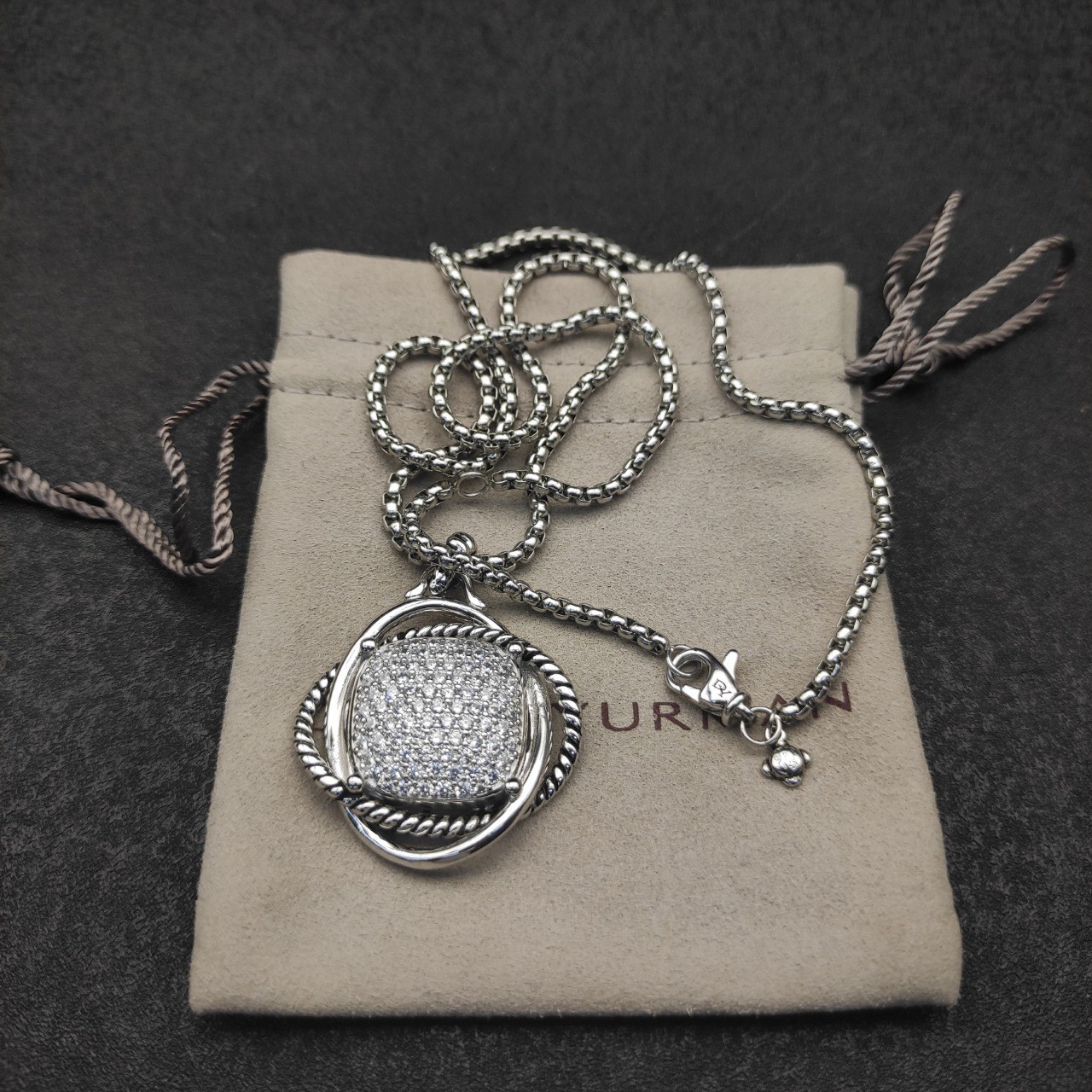 David Yurman 925 Sterling Silver Pavé Diamond Square Cable Frame Pendant Necklac