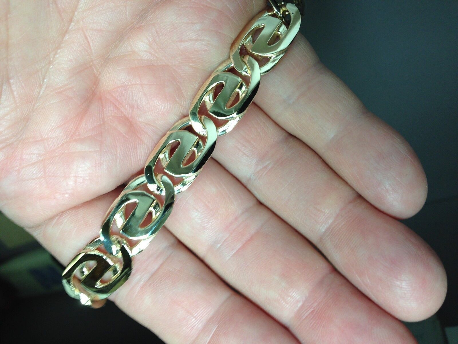 10k Solid Yellow Gold Handmade 13mm Tiger Eye Link Necklace, 30″