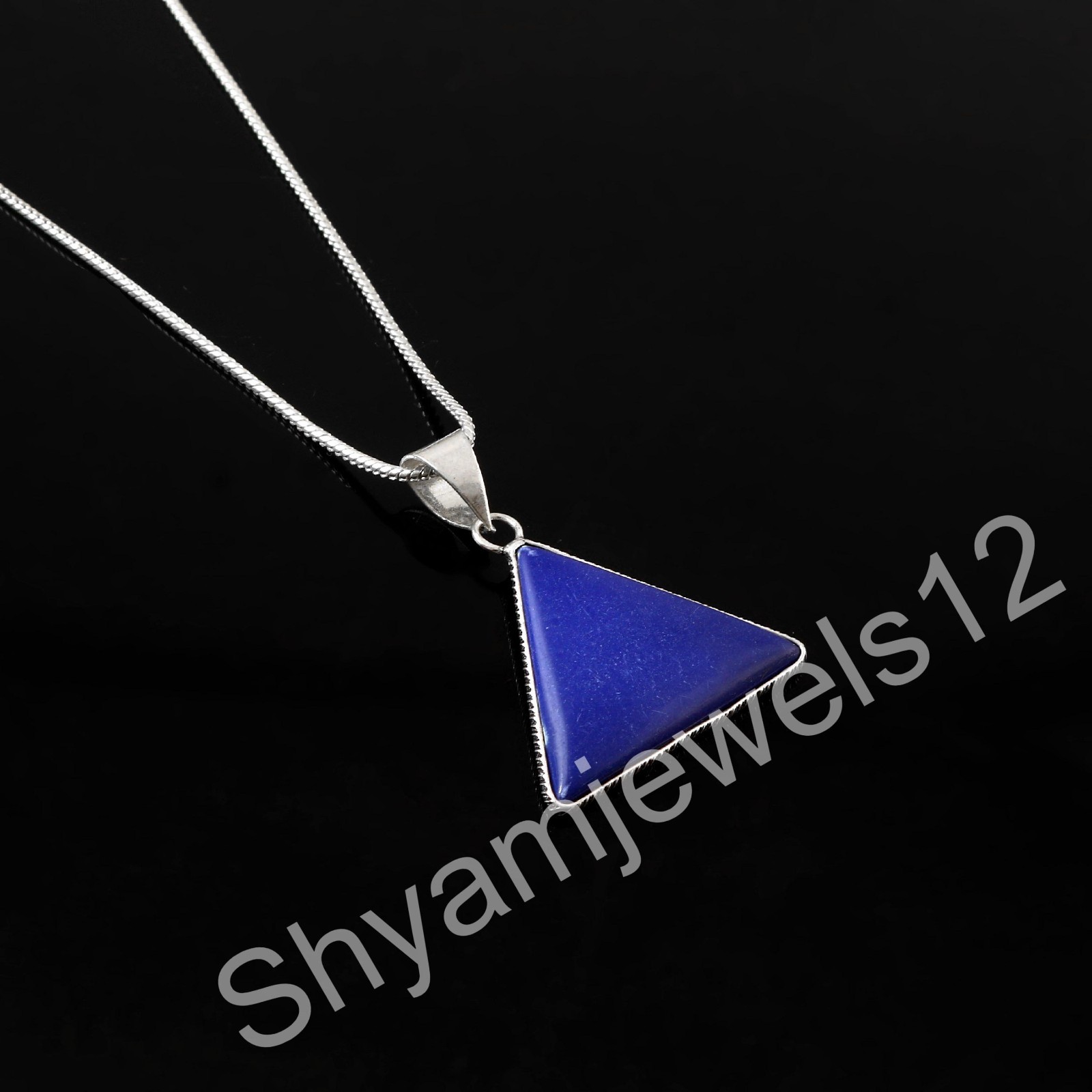 925 Sterling Silver genuine Triangle Lapis Lazuli gemstone Bezel pendant Jewelry