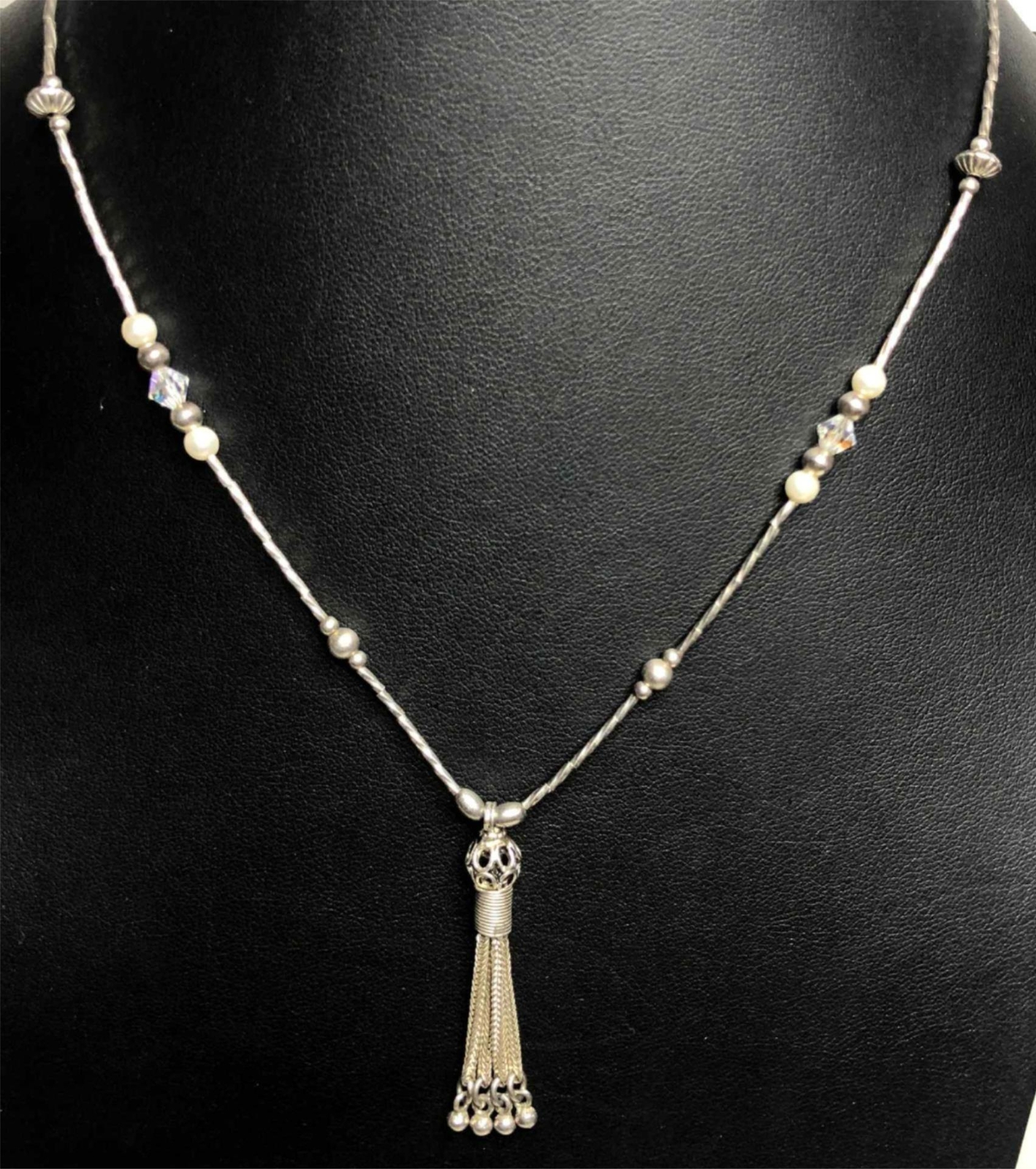 5499 Sterling signed 925 AB crystal faux pearl station tassel necklace 9.6g 20″