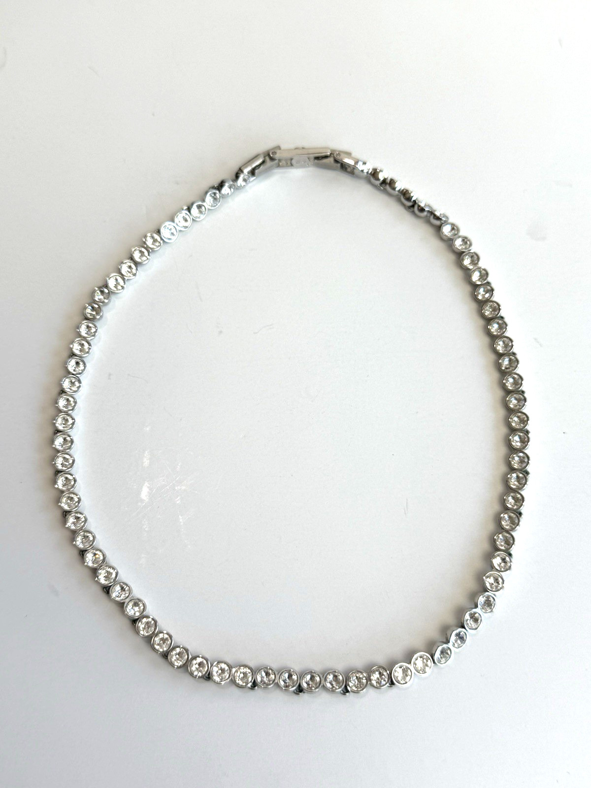 SWAROVSKI Clear Crystal Silver Plated Tennis Necklace Bezel Choker Signed 16″