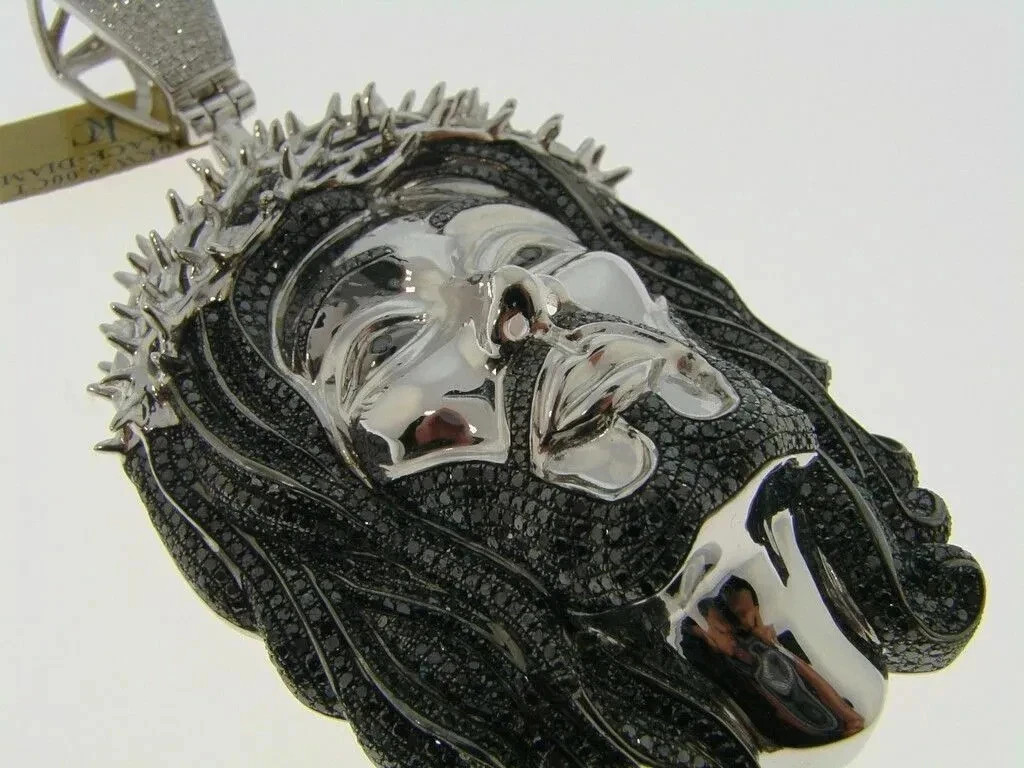 Men’s White Gold Over Jesus Face 5.00 Ct Created Black Diamond Pendant Charm
