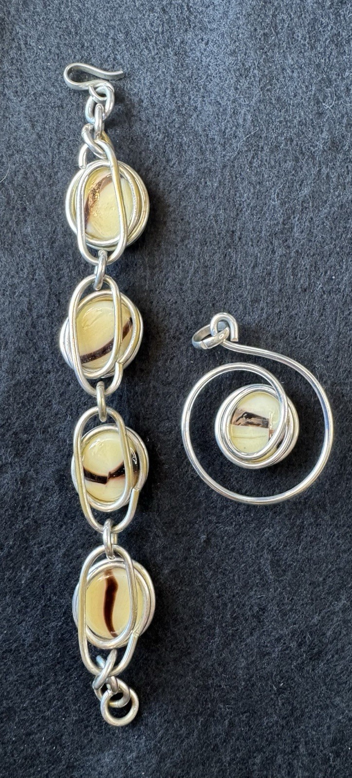 Unique OOAK Bracelet & Pendant Set Silver Metal Polished Cream Agate Stone.