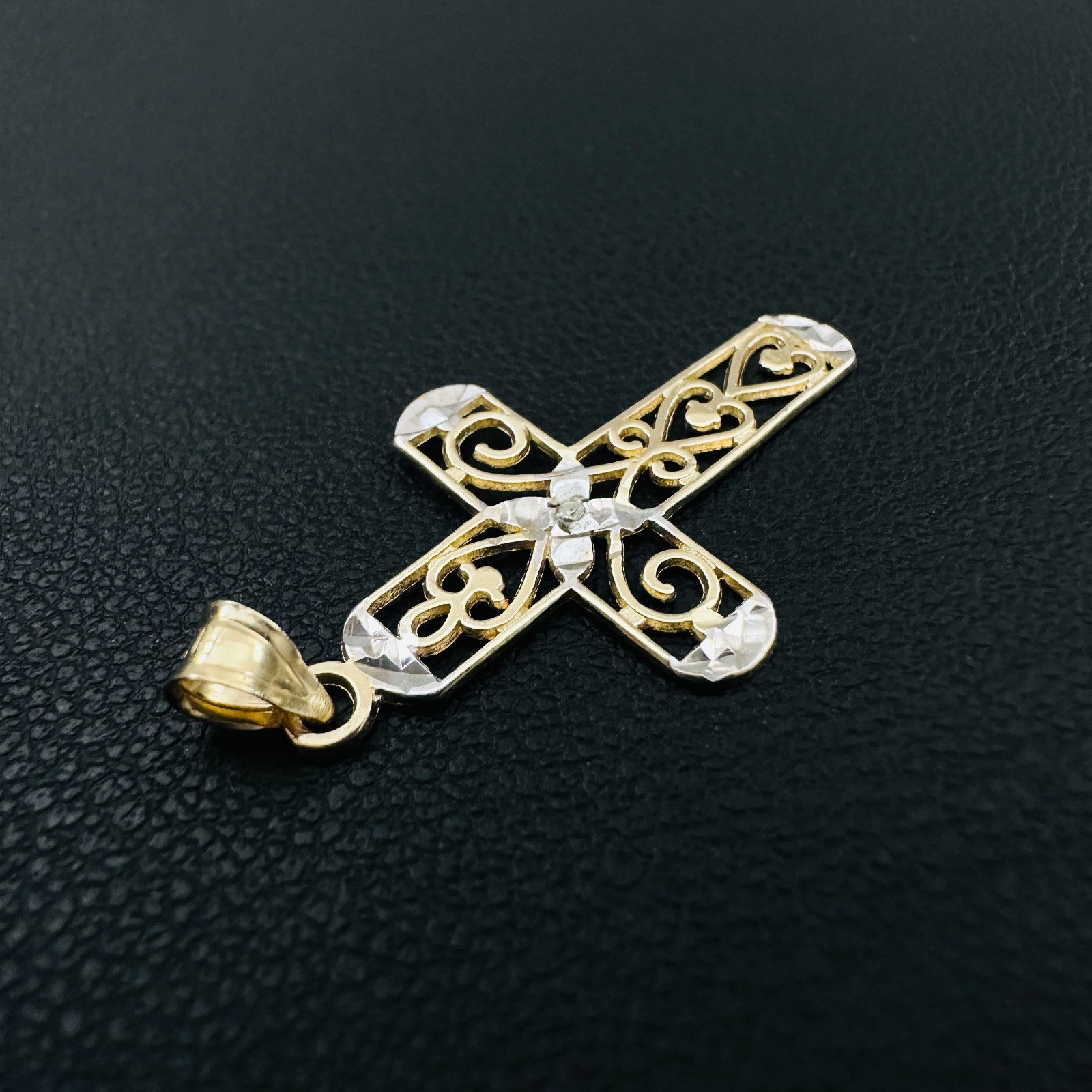 Solid 10K Multi-Tone Gold Filigree Cross Pendant w/White Sapphire Accent, 1.15″