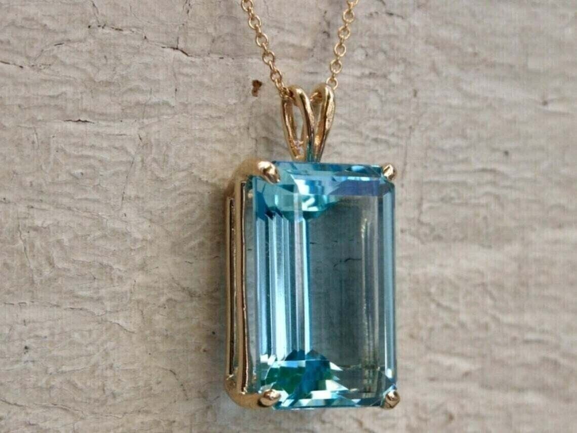 14K Yellow Gold Plated 4.25Ct Emerald Cut Lab Created Aquamarine Women’s Pendant