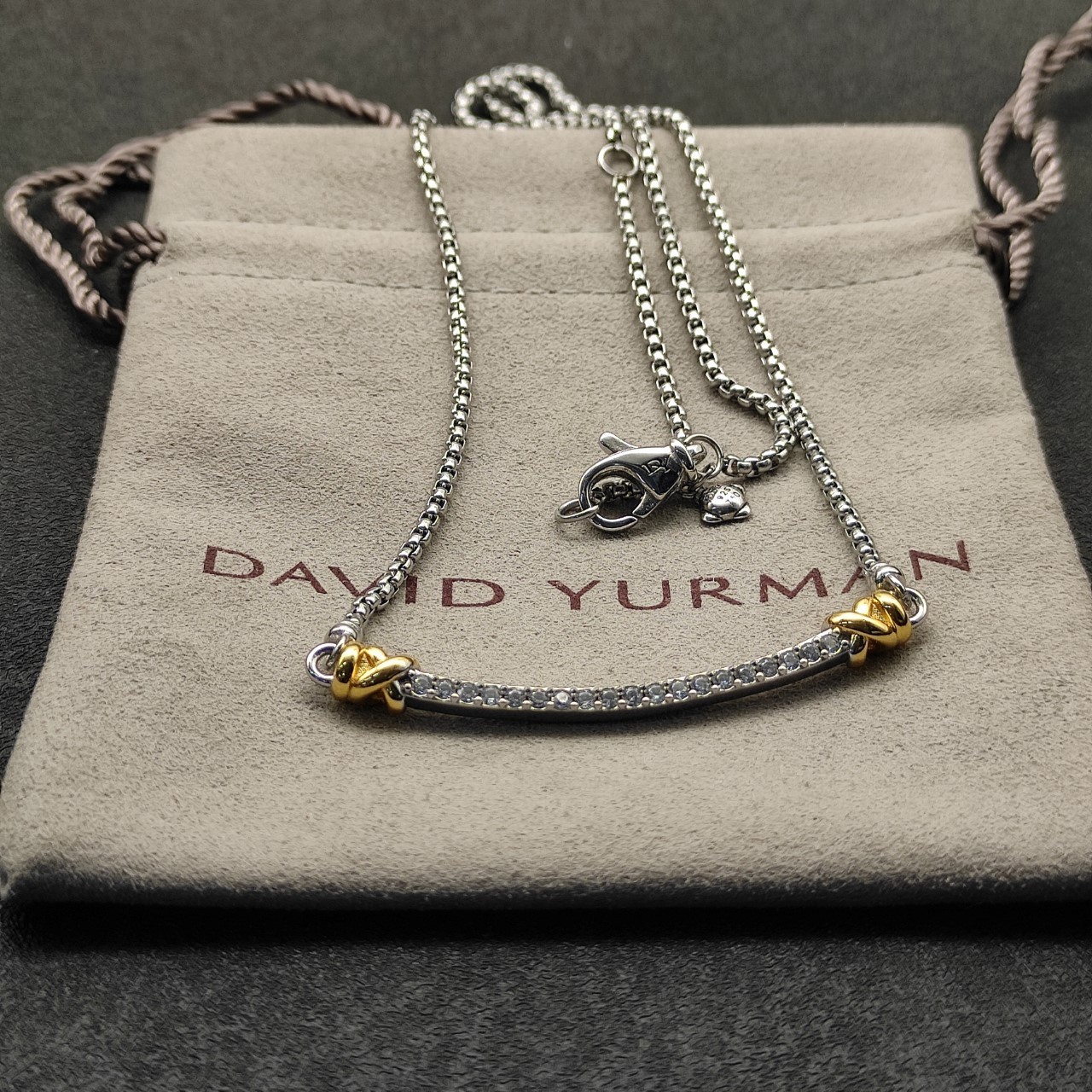 David Yurman 925 Silver 18K Gold Pavé Diamond Bar Adjustable Necklace 55cm