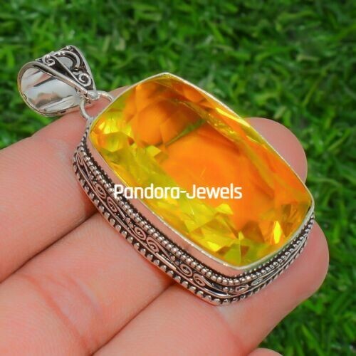 Yellow Citrine Gemstone Handmade 925 Sterling Silver Cushion Cut Jewelry Pendant
