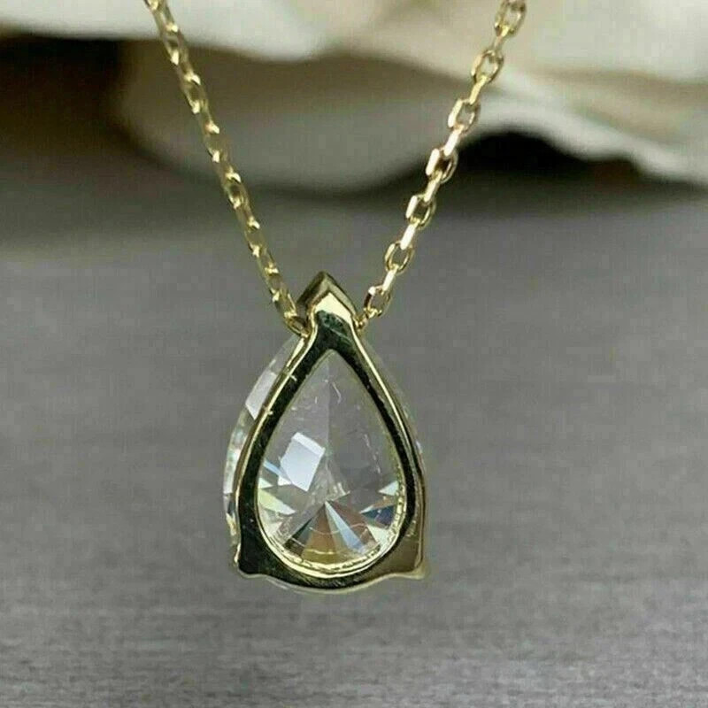 2Ct Pear Cut Lab-Created Diamond Solitaire Pendant Chain 14K Yellow Gold Plated