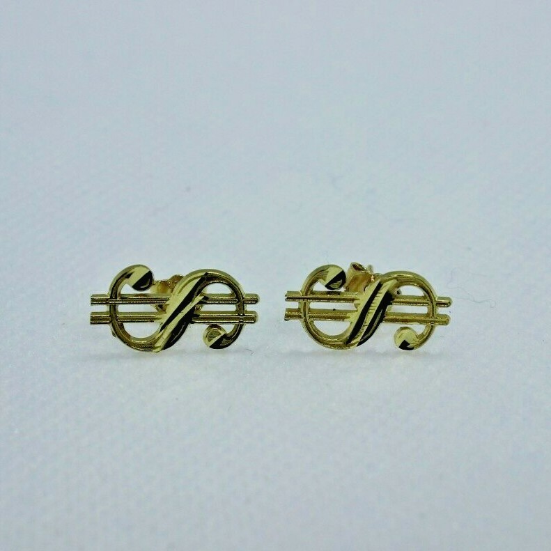 10K Solid Yellow Gold Dollar $ Sign Money Stud Earring Push Back 2 Size