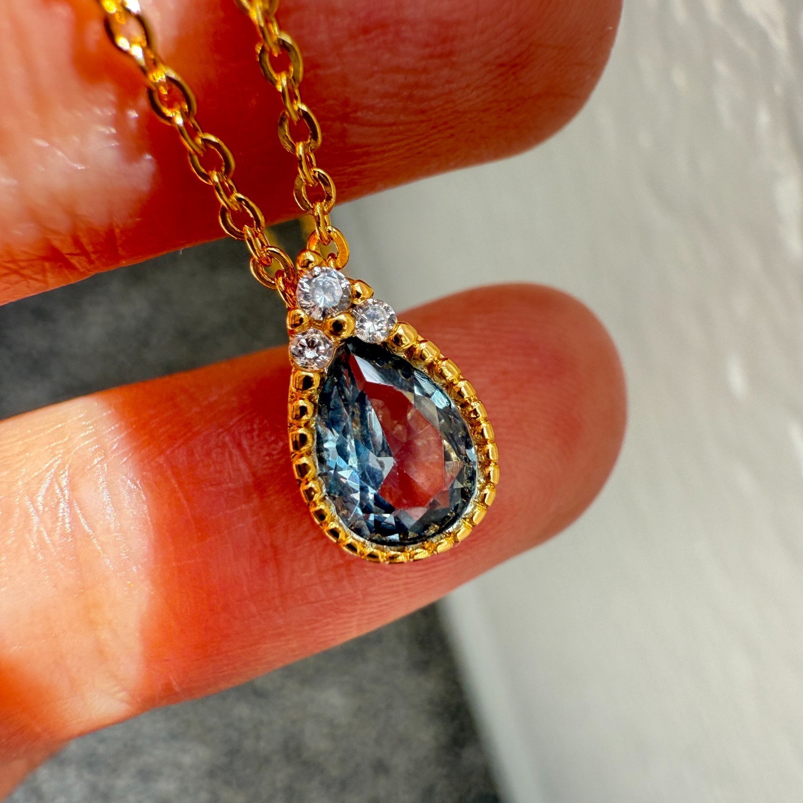 925 Sterling Silver Necklace 8x6mm Natural Aquamarine Zircon 14K Gold Plated NEW