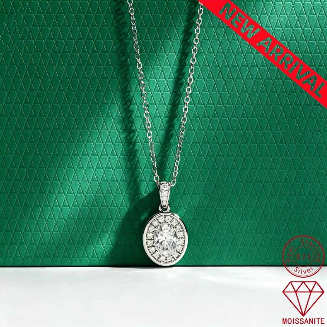 Solid 925 Sterling Silver 1ct Moissanite Halo Oval Moissanite Necklace 18 inches