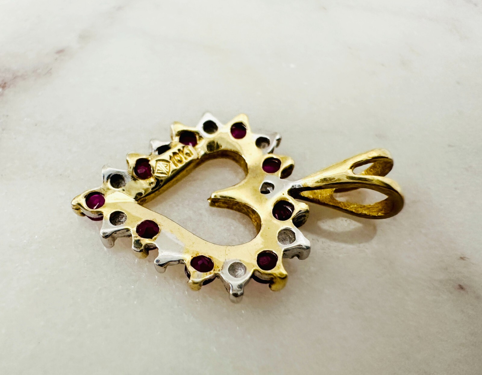 Estate 10K Multi-Tone Gold Ruby w/Diamond Accent Small Heart Pendant 19x13mm