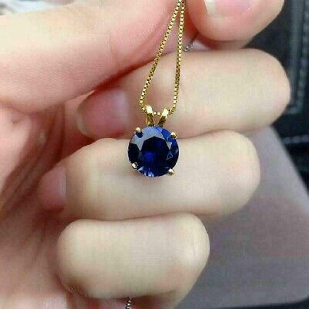 2Ct Round Cut Blue Sapphire Solitaire Pendant 14K Yellow Gold Plated Silver
