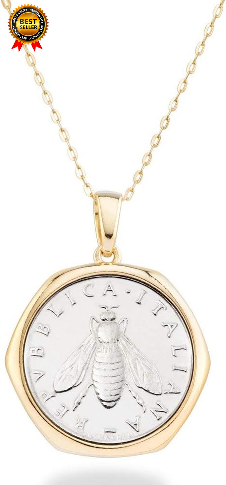 Italian 18K Gold over 925 Sterling Silver Genuine 2-Lira Bee Coin Medallion
