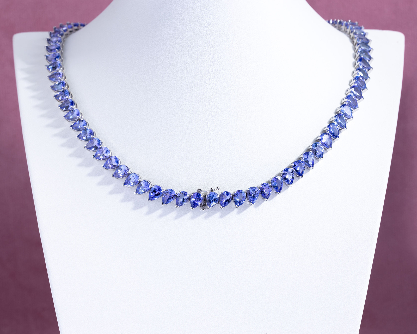 67.55 Ct Violetish Blue Tanzanite Pear Necklace, Mixed Eye Clean, 14k White Gold