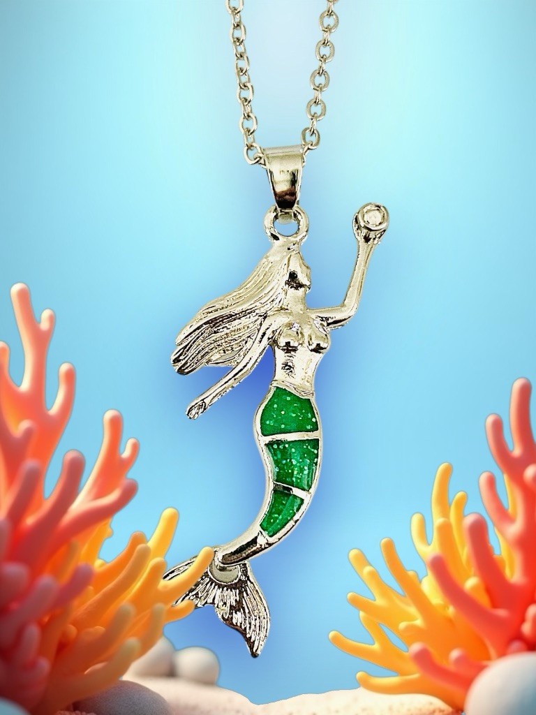 New Sterling Silver Mermaid Pendant Necklace with Green Opal Inlay 🇺🇸 Seller