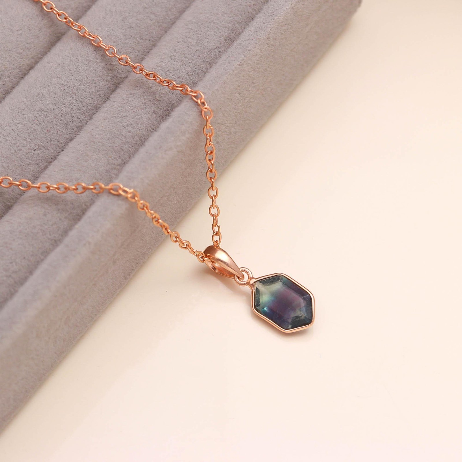 Natural Fluorite Hexagon Necklace Rose Gold Plated 925 Sterling Silver Jewelry