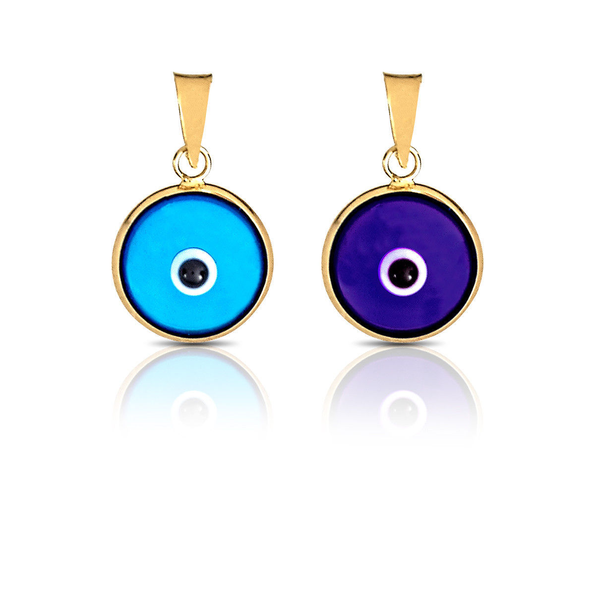 Evil Eye Luck Charm Pendant Light Blue & Dark Blue Real 14K Yellow Gold