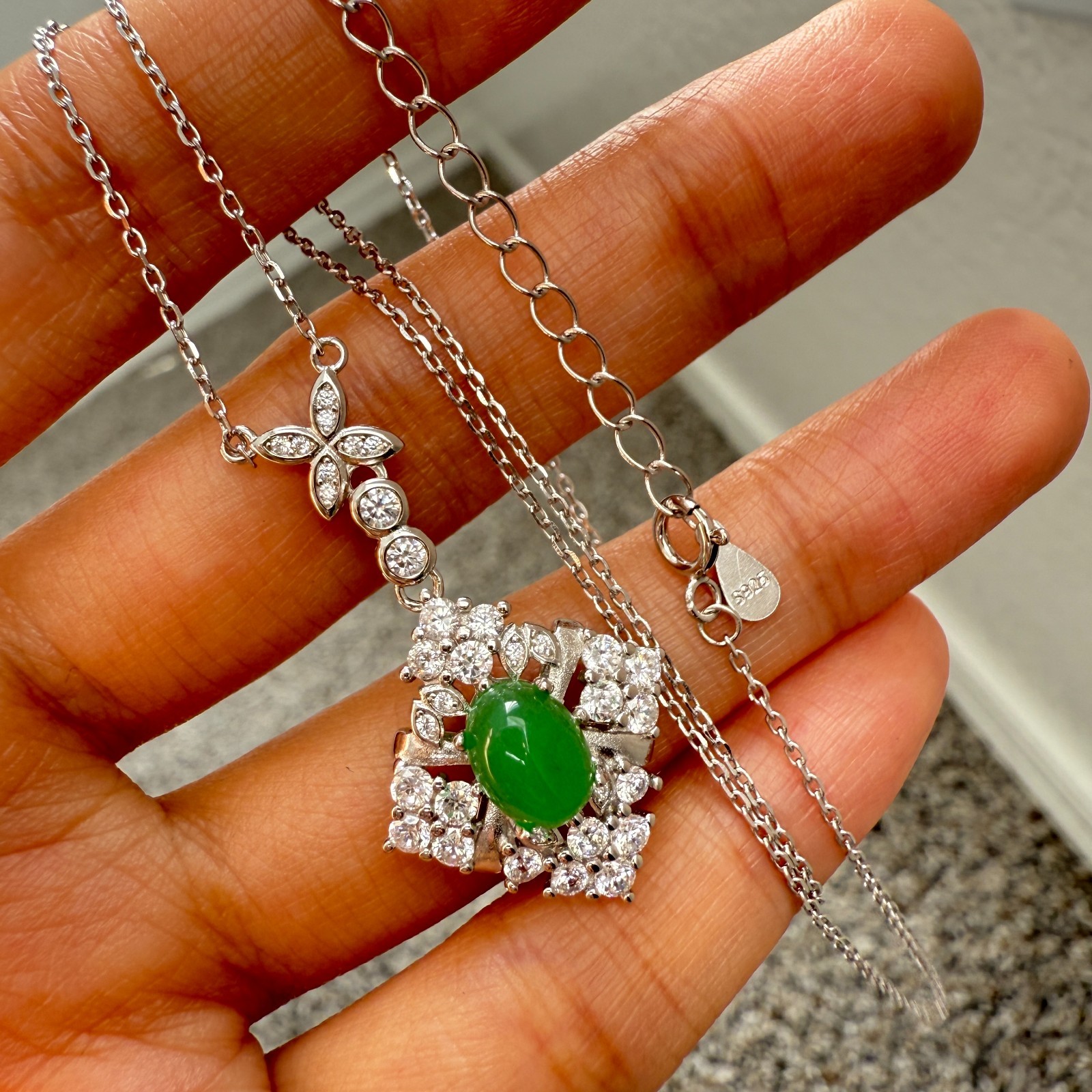 925 Sterling Silver Necklace 8x6mm Natural Emerald Gemstone Zircon Flower Chain