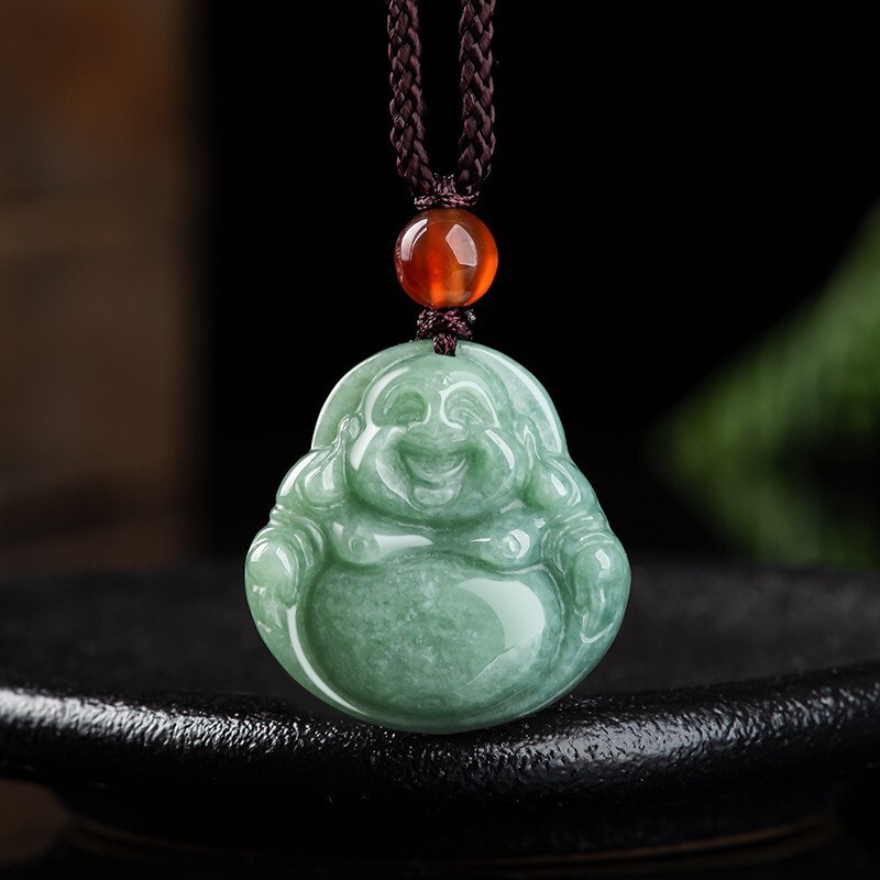 Carved Authentic Burma Green Jade Smile Buddha Pendant Necklace String