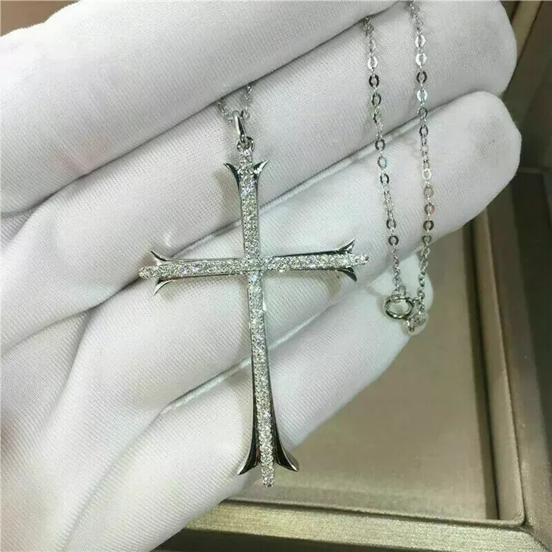 1.00Ct Round Cut VVS1 Diamond Cross Pendant 14K White Gold Finish Free Chain