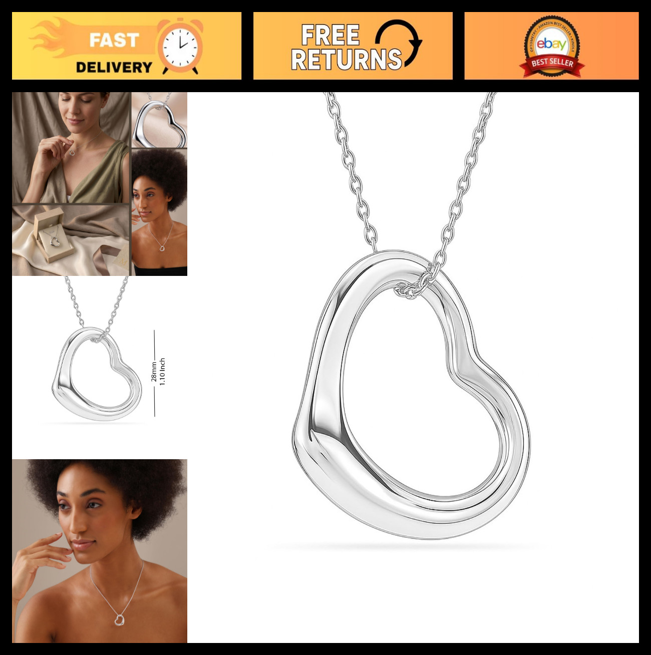 925 Sterling Silver Lightweight Pendant Necklace 18″ Chain for Women & Teens