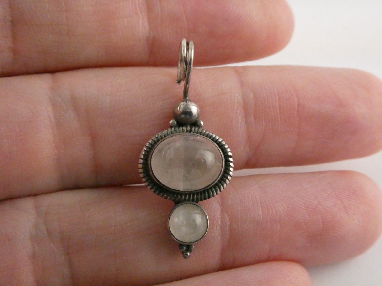 Sterling Silver Rose Quartz and Clear Quartz Cabochons Pendant 925 2.6g 1 1/8 In