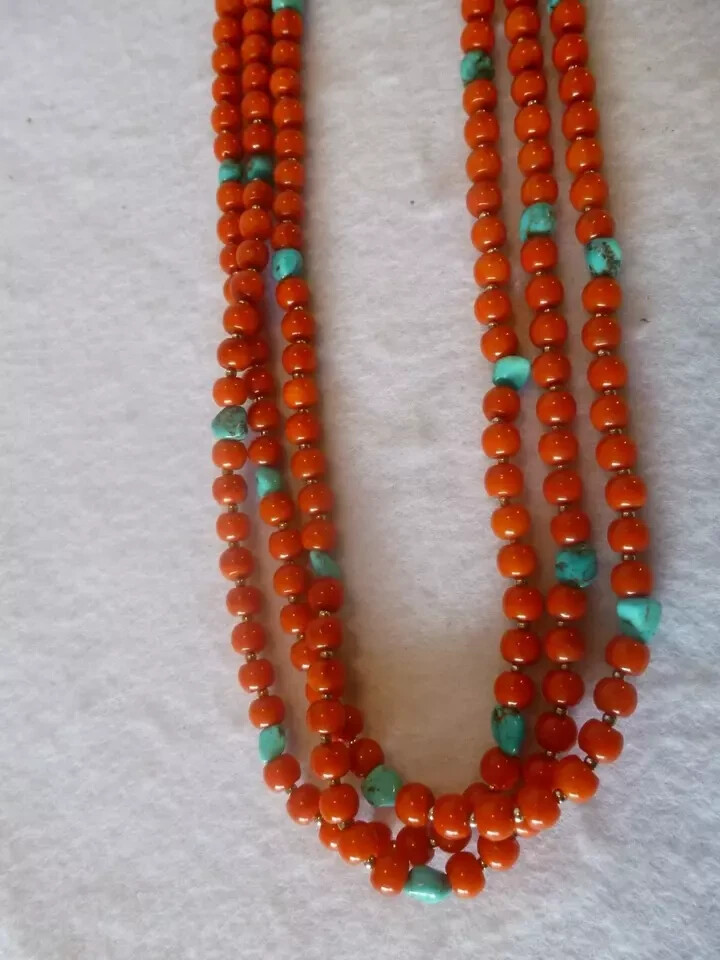 Coral/Turquoise Nuggets Native American Southwestern 925 Multi strand Necklace