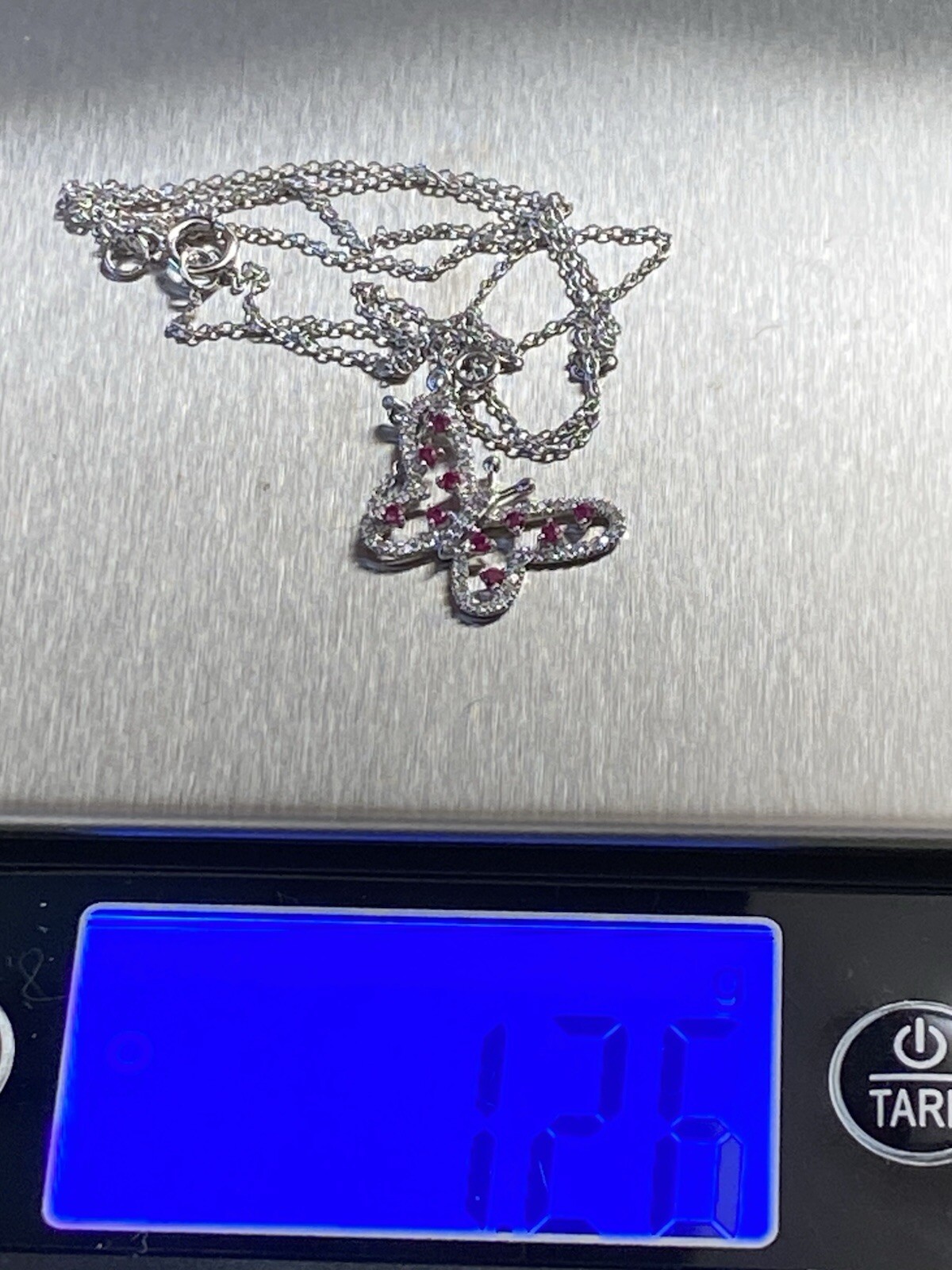 10K White Gold Natural Ruby and 0.20ct Diamond Butterfly Pendant and Chain NEW