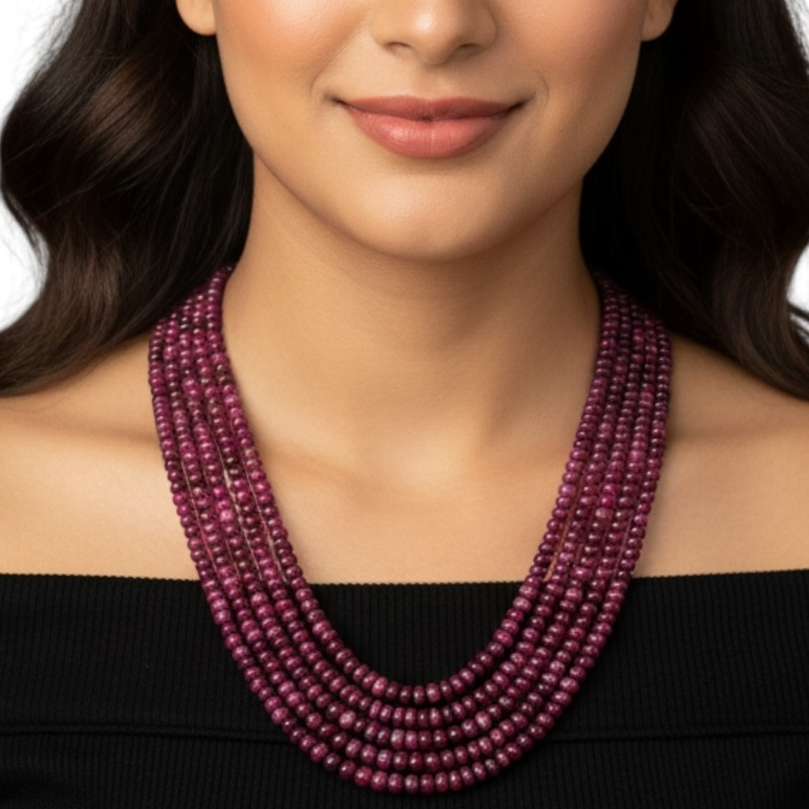 5 Strand Natural Ruby Necklace 3-6mm Plain Cabochon Beads 925 Silver Ruby Clasp
